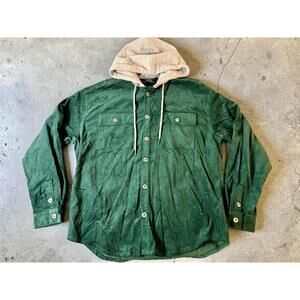 Green Corduroy Button-Up Hoodie Shirt Jacket